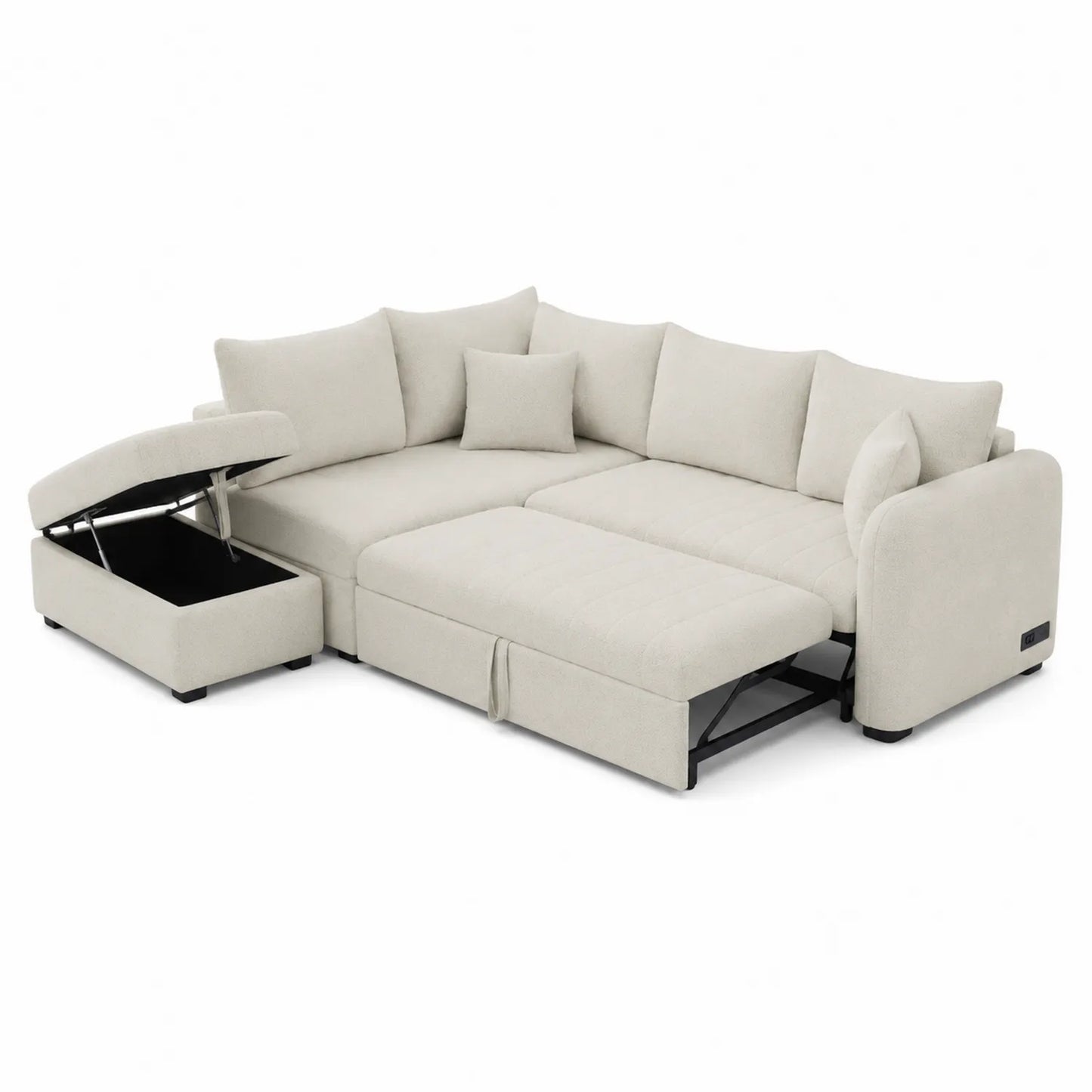 Ecksofa mit Bettfunktion und Stauraum Stoff Beige