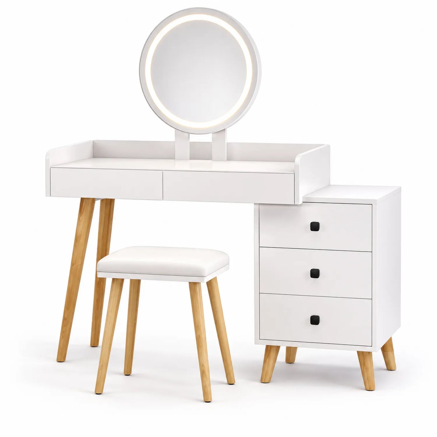 Schminktisch Set mit Hocker und rundem Spiegel aus Holz und MDF, Weiß