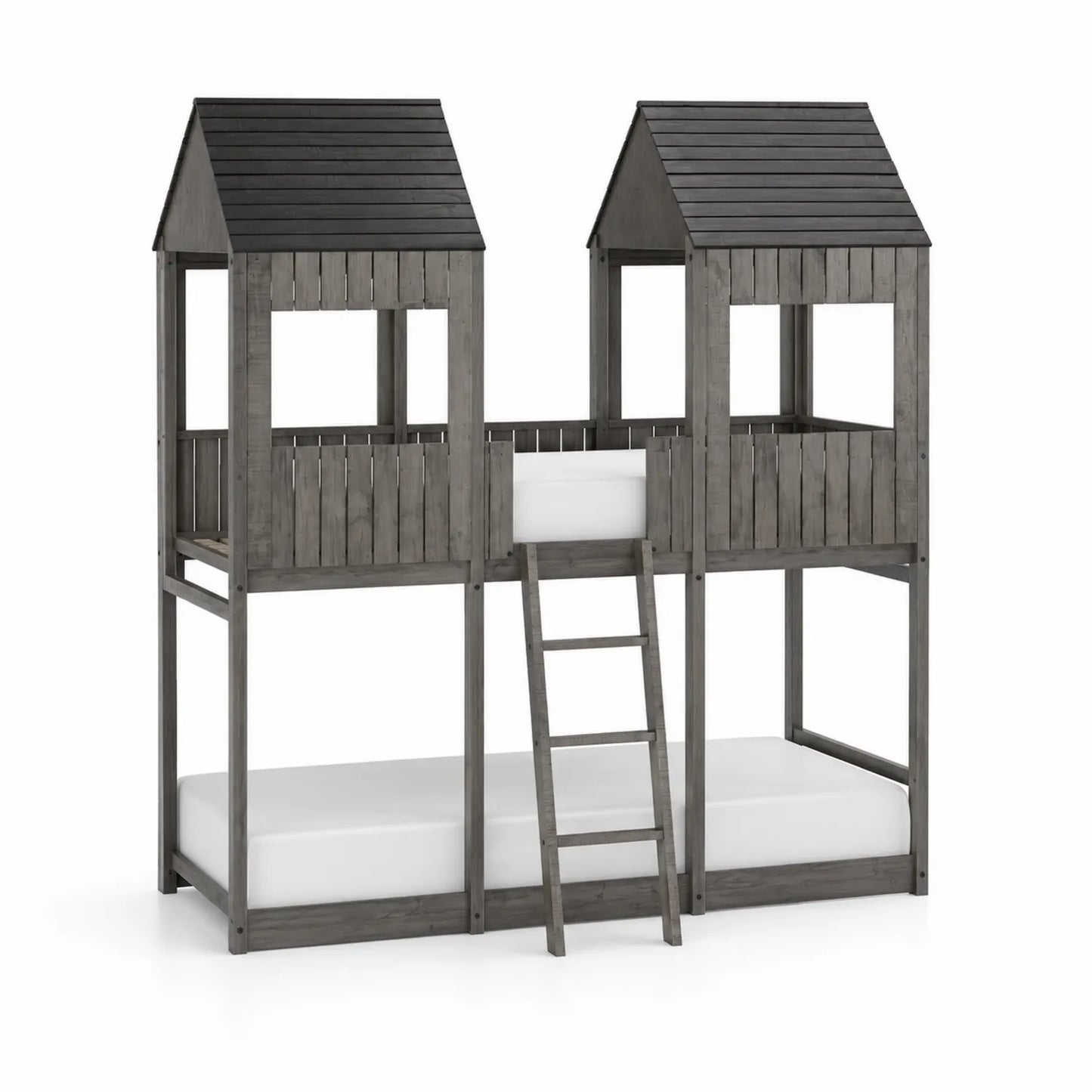 Hochbett für Kinder im Hausdesign aus Holz 90x200 cm Grau