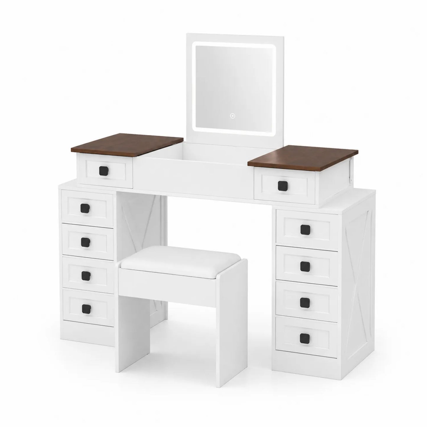 Schminktisch-Set mit LED-Spiegel und Hocker aus MDF und Kiefernholz Weiß/Braun