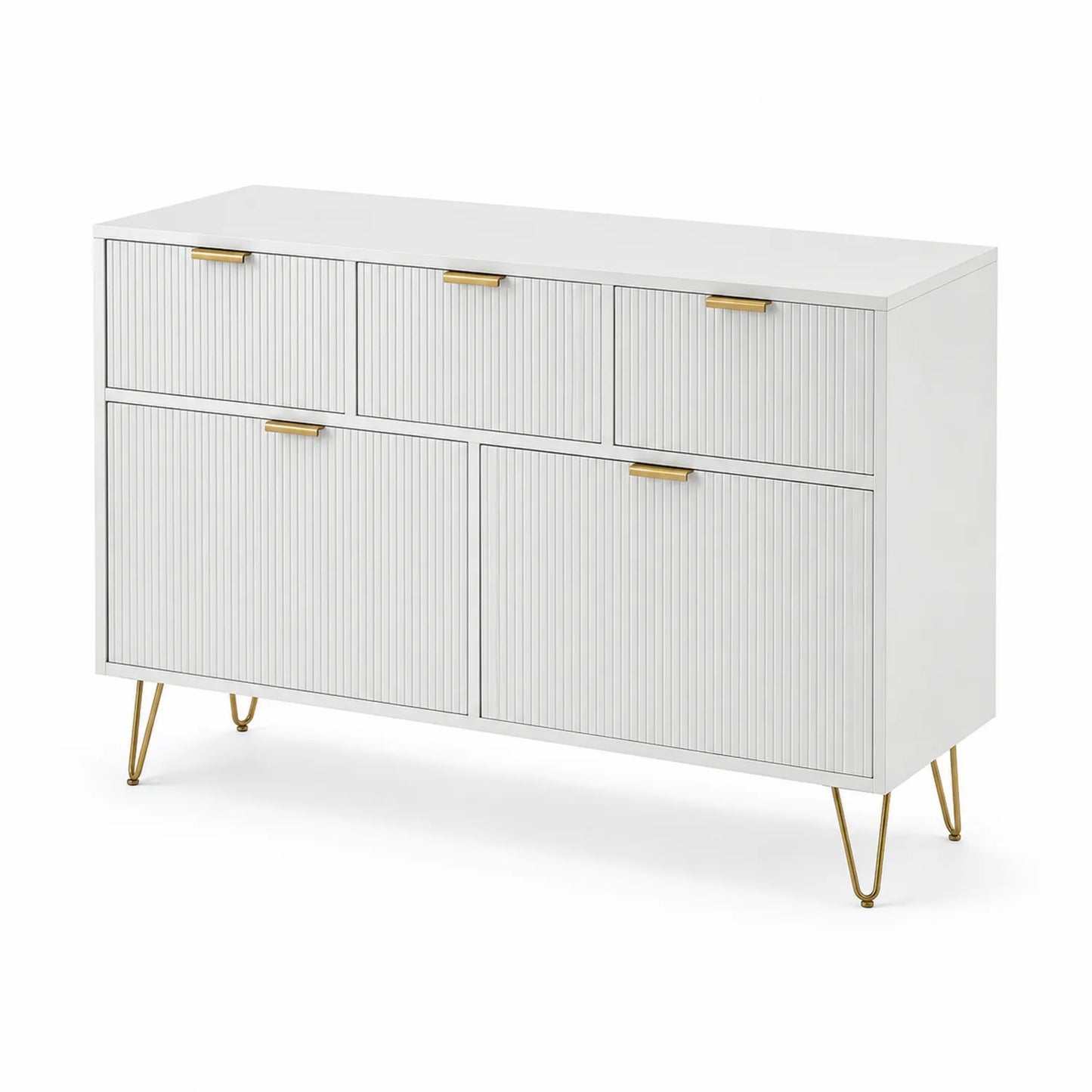Sideboard mit vier Türen und zwei Schubladen 120x40x80cm MDF Weiß mit Metallbeinen und Griffen