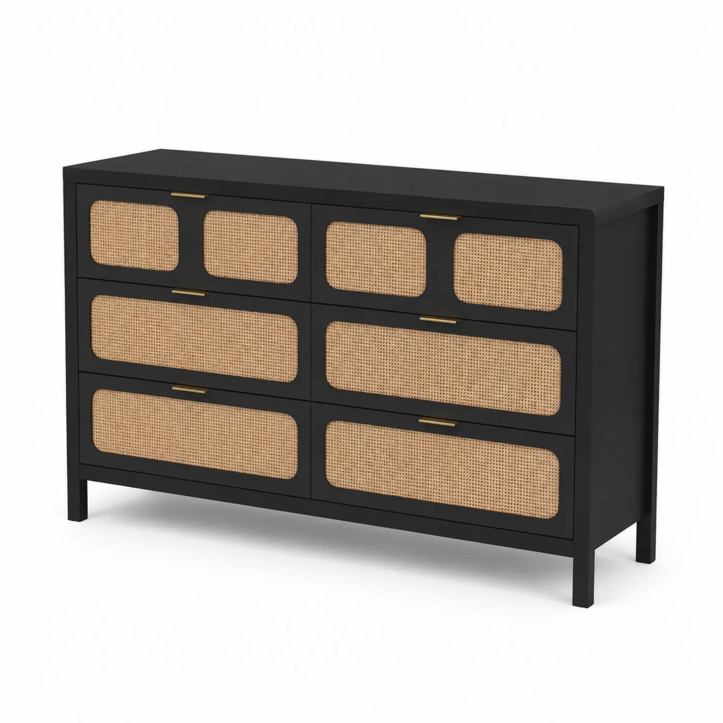 Schwarze Holz- und Rattan-Kommode mit 6 Schubladen 120x40x80 cm