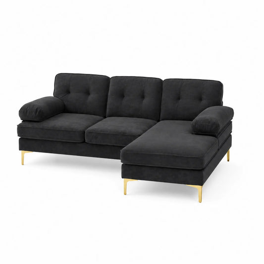 Ecksofa mit Samtbezug und Ottomane, Metallbeine, Dunkelgrau