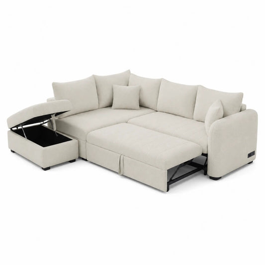 Ecksofa mit Bettfunktion und Stauraum Stoff Beige