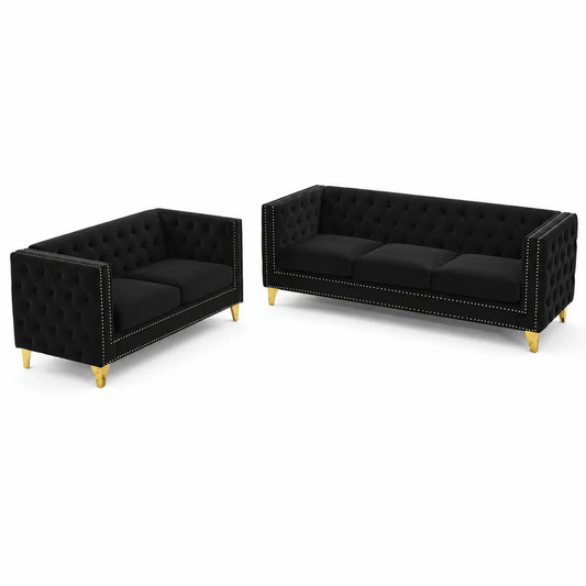 2-teiliges Sofa-Set Samt Schwarz mit Goldmetallbeinen