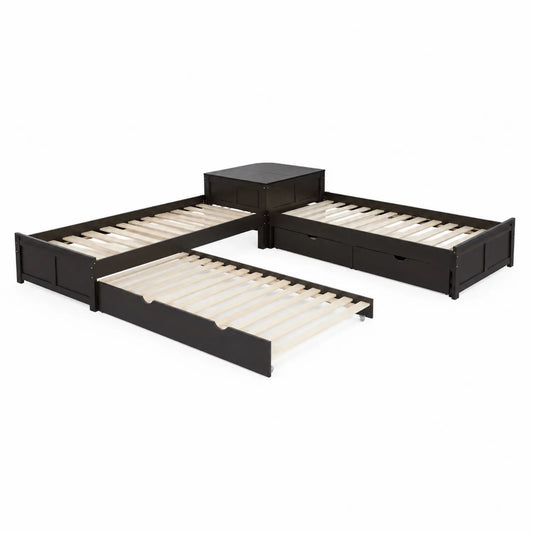 Eckbett mit Ausziehfunktion und Schubladen Kiefer Massivholz Dunkelbraun 200x90 cm