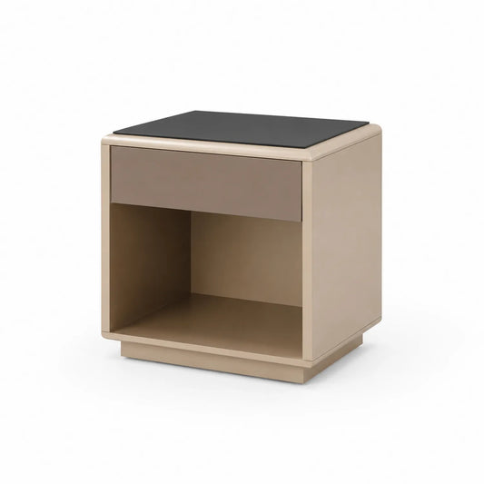 Nachttisch mit Schublade und Regal aus MDF und Glas, Beige/Schwarz