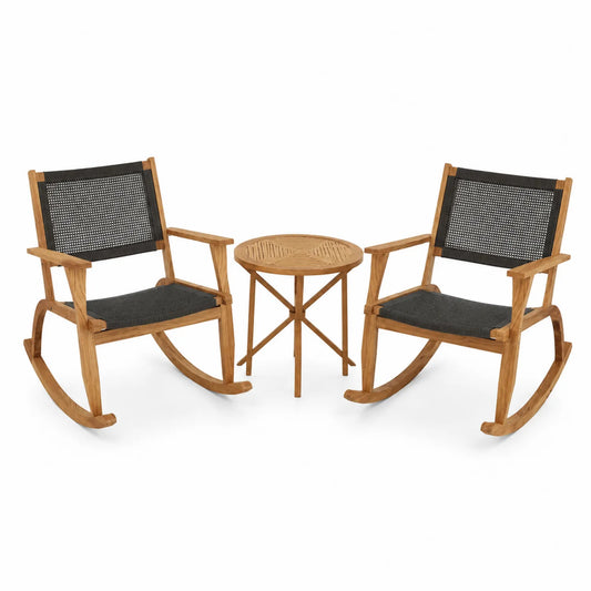 3-teiliges Schaukelstuhl-Set aus Teakholz mit Tisch und Textilgewebe in Schwarz