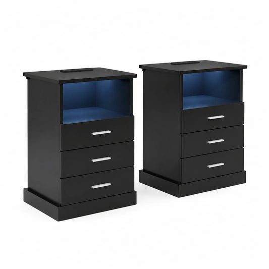 Nachttisch Set aus Holzwerkstoff mit LED und Metallgriffen Schwarz