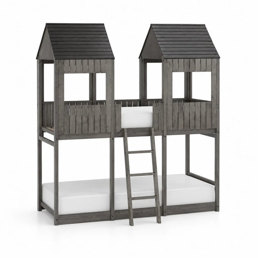 Hochbett für Kinder im Hausdesign aus Holz 90x200 cm Grau