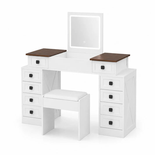 Schminktisch-Set mit LED-Spiegel und Hocker aus MDF und Kiefernholz Weiß/Braun