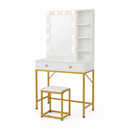 Schminktisch Set Weiß mit Spiegel, Hocker, LED-Lampen und Regalen
