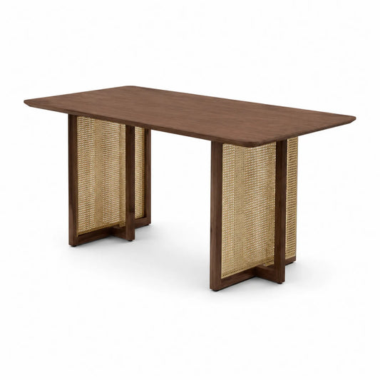 Rechteckiger Esstisch Holz 160x90x75 cm Braun mit Rattan-Elementen