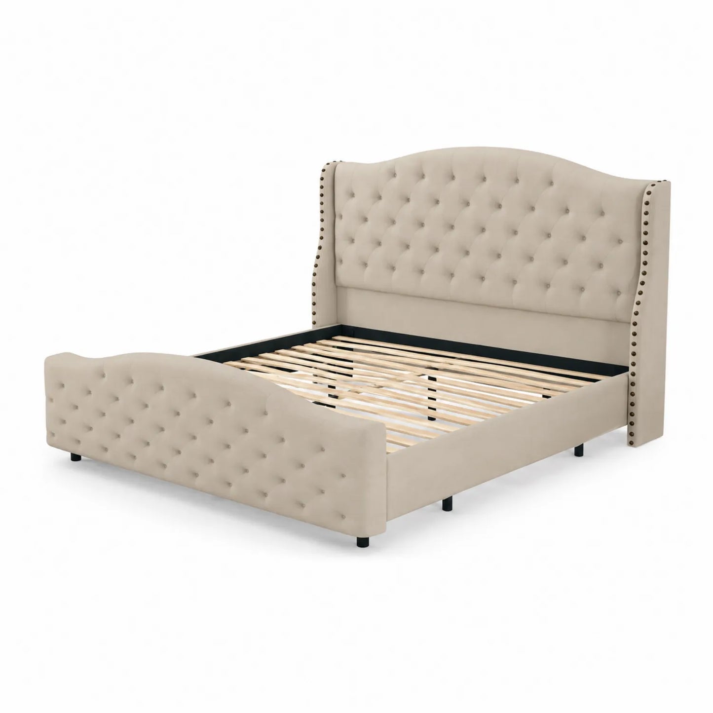 Bett aus Samt mit Kopf- und Fußteil in Beige 200x160 cm