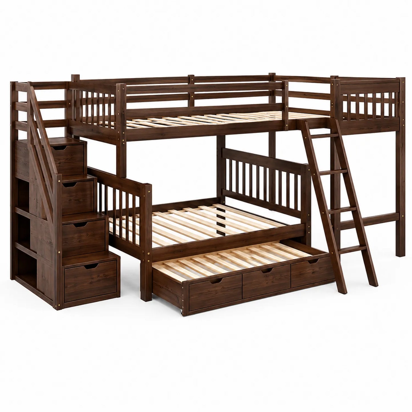 Holz-Etagenbett mit Treppe und Ausziehbett Dunkelbraun 200x90 cm