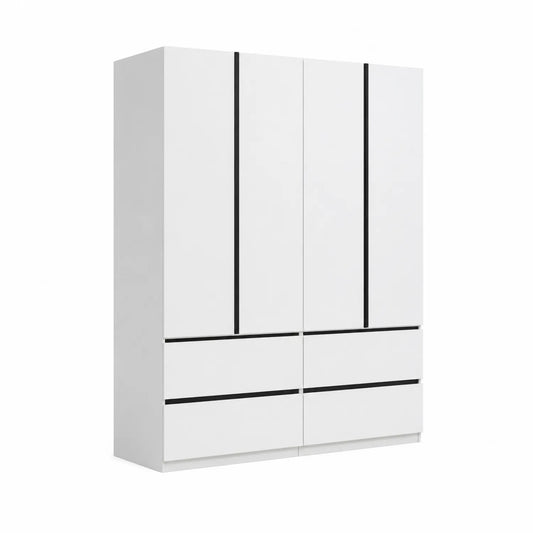 Weißer Kleiderschrank mit 4 Türen und 4 Schubladen aus MDF