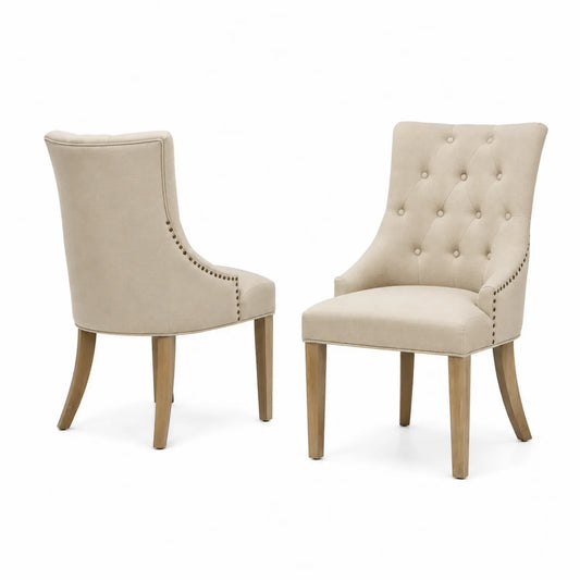 Stuhl Set 2er mit Leinenbezug und Massivholzbeine Beige